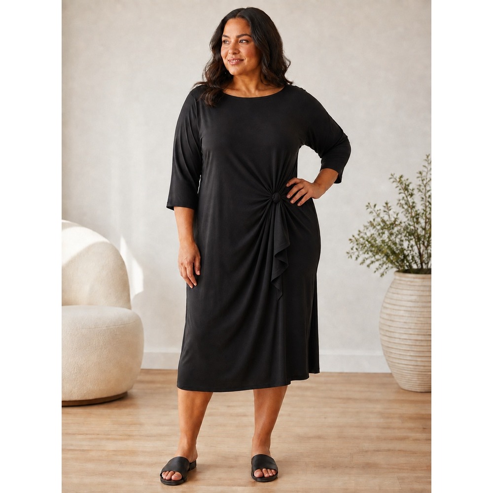 Kiara Black Side Tie Knot Midi Dress 3/4 Sleeve Boat Neck XXL SCWK183